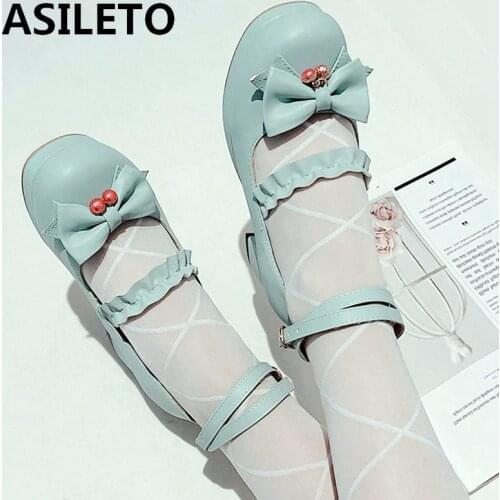 ASILETO New 2021 Ladies Pumps Round Toe 5cm Block Heels Buckle Lace Bowtie Sweet Cute Lolita Cosplay Big Size 43 Party A3543