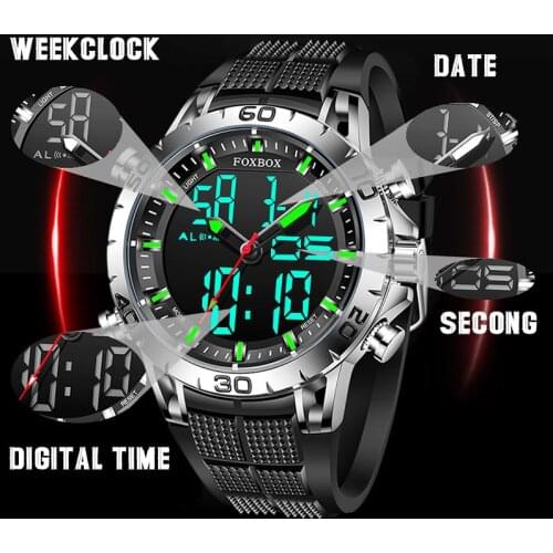 2021 New FOXBOX Mens Watch Military Sports Outdoor 30M Waterproof Man Digital Wristwatch Multi Functional Relogio Masculino+Box