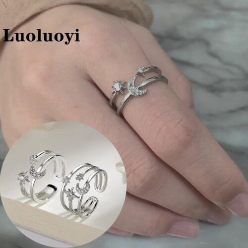 Luoluoyi Sweet Double Layer Star Moon Opening Ring For Women Korean Delicate Zircon Finger Ring Wedding Jewelry