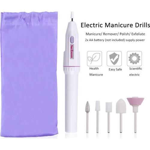 Electric Manicure Drills Battery Mini Pen Nail Polish Remover Exfoliating Scrub Machine Nail Tools 5 Grinding Heads Storage Bag