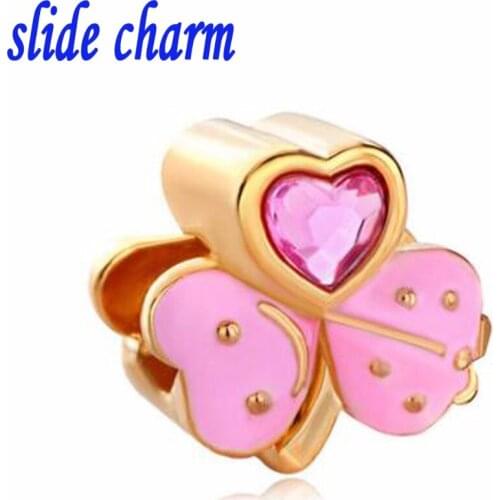 Slide charm wholesale Free shippingblue Pink Crystal October Birthstone Leave Clover Beads Charm fit Pandora bracelet
