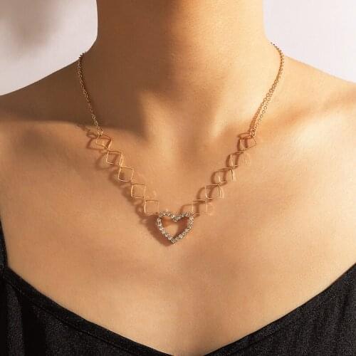 HuaTang Charms Crystal Heart Pendant Choker Necklace for Women Gold Color Metal Hollow Geometric Collar Engagement Jewelry 17970