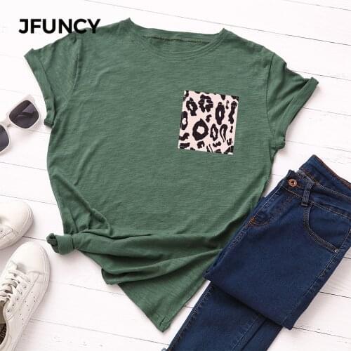 JFUNCY Plus Size 5XL Women Summer T-shirt Leopard Fake Pocket Print Tees Short Sleeve Woman Tshirt 100%cotton Female Tops