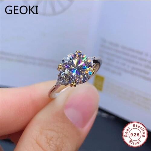 Geoki Passed Diamond Test 3 Ct D Color VVS1 Moissanite Ring 925 Sterling Silver Round Perfect Cut Shiny Stone Wedding Ring Girls