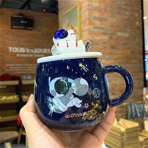 400ml Space Astronaut Mug Simple Dream Office Ceramic Cup with Cover and Spoon Cartoon Space Student Home Milk Coffee Cup