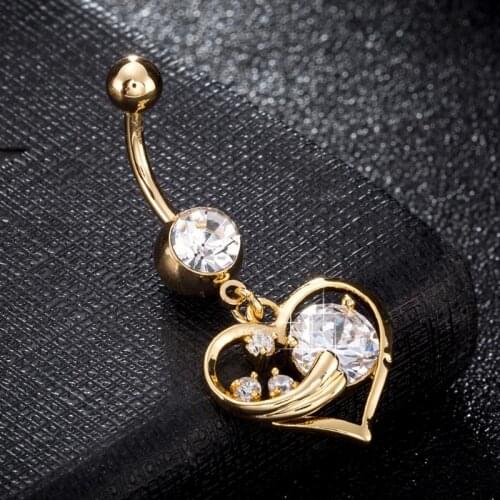 Fashion Love Heart belly button rings Bar Gold Color Surgical Metal Piercing Sexy Body Jewelry for women CZ navel piercing rings