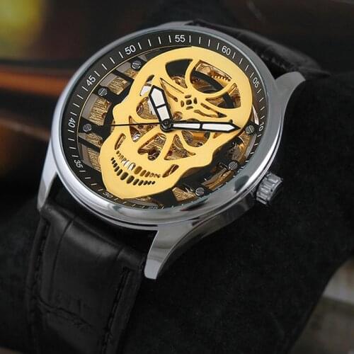 VIGOROSO Mens Waterproof Mechanical Watch Leather Fashion Sport Army Men Wristwatch Wind up Luminous Hand Punk Skull Steampunk