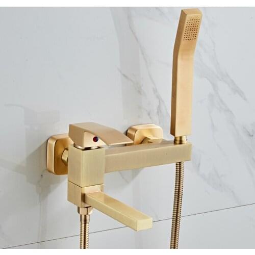 Brushed Gold Bathtub Shower Faucets Set Soild Brass Bathroom Hot & Cold Taps Mixer With Handheld Waterfall Type Wall Mounted