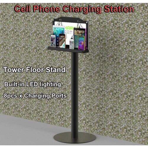 VIPATEY Customizable Tower Floor Stand Cell Phone Charging Station Built-in LED lighting 8 Ports For iPhone Samsung Android Tabl