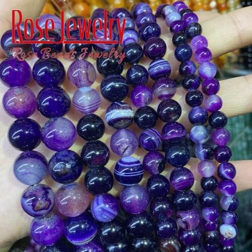 Natural Purple Striped Agates Beads Onyx Round Loose Bead 15"strand 4 6 8 10 12 14MM For Jewelry Making DIY Bracelet Accessories