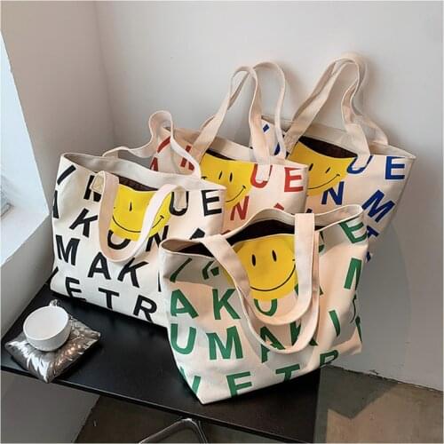 2021 New Fashion Letters Cartoon Printed Women Canvas Bag Casual Smile Pattern Handbag Lovely Girl Shoulder Bag Shopping Tote