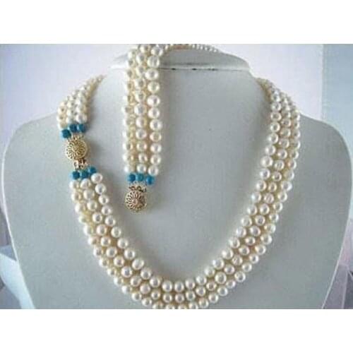 NEW Natural 7-8MM 3 row WHITE FW PEARL NECKLACE +BRACELET SET