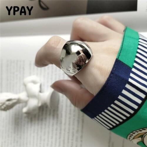 YPAY Authentic 925 Sterling Silver Adjustable Ring for Women Cool INS Large Glossy Finger Rings Bague Fine Party Jewelry YMR863