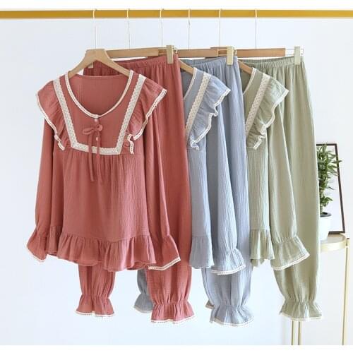 Cotton Doll Collar Pajamas set Loose Women Peter Pan Collar Home Cloth Long Sleeved Lady Homewear Soft Female Lounger wear