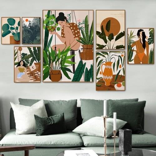 Nordic Vintage Girl Flower Leaf Plant Vase Posters Prints Painting on Canvas Modern Abstract Wall Art Pictures Living Room Decor