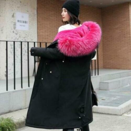 2020 Autumn Winter Women Down Coats Fashion Long Fur Lined Parka Big Fur Collar Warm Jackets Waistband Hooded Outwear Overcoat