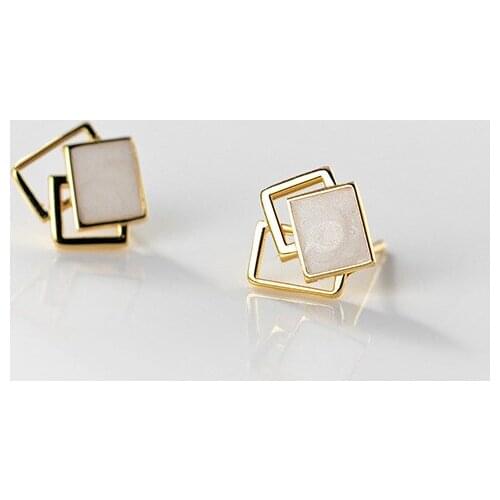 Real 925 Sterling Silver Hollow Geometric Stud Earrings Square Shape Jewelry for Women Girls