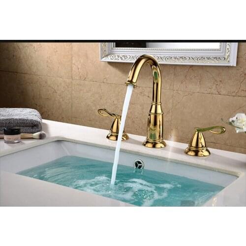 Luxury Gold brass bathroom sink faucet three holes two handles cold hot basin tap European style top quality golden faucet