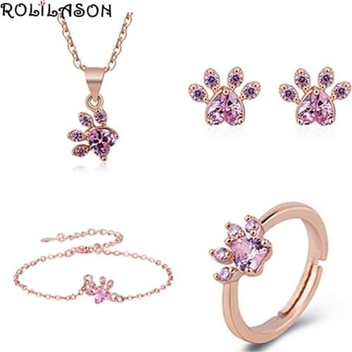 Silver plated rose golden tone cat claw heart shaped footprint Necklace Earrings Bracelet Ring Set JS864
