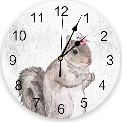 Cute Squirrel Watercolor Flower Animal Living Room Clock Wall Round Clocks Decor Home Bedroom Kitchen Decoration Wall Clocks