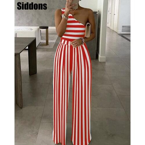 Streetwear Summer Sexy One Shoulder Striped Colorblock Womens Jumpsuit Long Pants Summer Clothes
