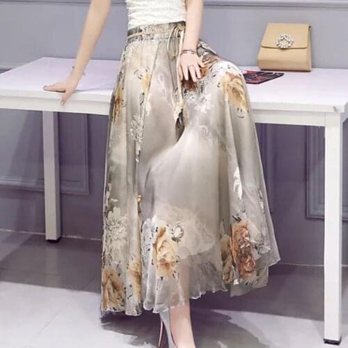 Vintage floral print chiffon skirts women Sprint Summer korean A line Pink streetwear high waist ladies midi skirt