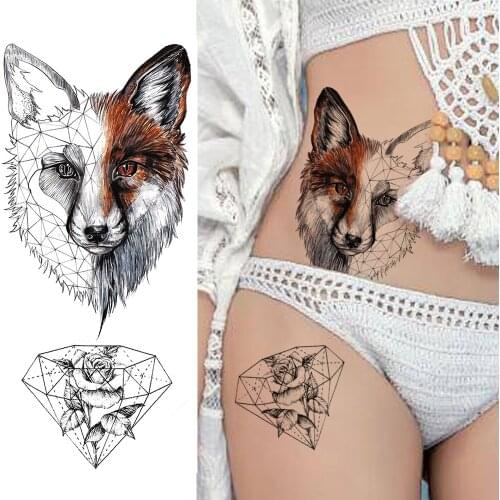 Wolf Temporary Tattoos For Men Women Fake Diamond Rose Tatoos Waterproof Geometric Fox Coyote Body Art Arm Wasit Tattoo Sticker