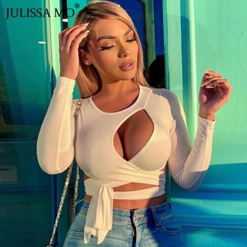 Julissa Mo Spring Aesthetic Hollow Out Bandage Women T-Shirt 2021 Long Sleeve O-Neck Cropped Top Sexy White Streetwear T-shirts