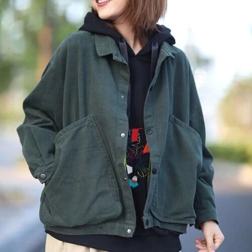 Autumn New Female Korean Casual Loose Pocket Turn-Down Collar Jacket 2021 Long Sleeve Coat Big Pocket Windbreaker Women Outwear
