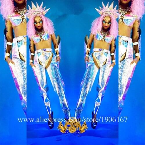 Nightclub Female Models Laser Mirror Ballroom Costume With Headwear Personality Super Flash Clothes Mermaid Cosplay B Suit