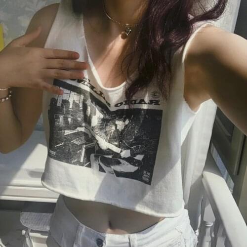 Vintage Classic Rock Graphic Crop Top Women Summer Cropped Cotton Ribbed Tee Vests Femme Casual chic Streetwear Y2k Tops 2021