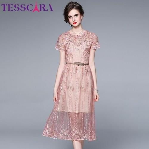 TESSCARA Women Summer Luxury Embroidery Mesh Dress Festa High Quality Long Elegant Wedding Party Robe Femme Designer Vestidos