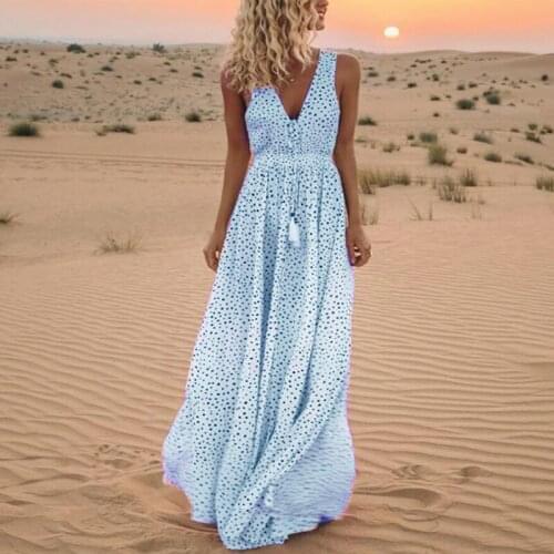 Lady Beach V-neck Sleeveless Long Dress Fashion Print Dot Bohemian Dress Vintage Sexy Dress 2021 New Women Clothes S-2XL Summer