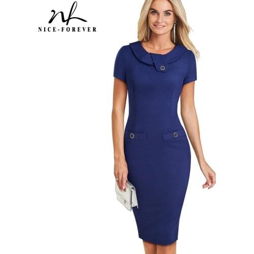 Nice-forever Vintage Elegant Solid Color with Button Female Work vestidos Business Bodycon Office Women Sheath Dress B511