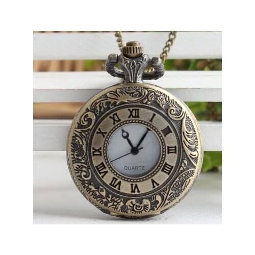 10 piece /lot Bronze Antique Vintage Roman numerals quartz pocket watch necklace with chains