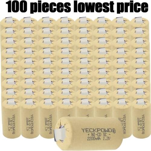 100 pieces rechargeable 1.2V 2200mAh NICD flat top sub C battery SC batteries welding tabs soldering tape akkumulator for B&D