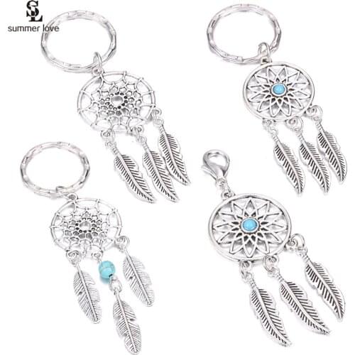 5pcs/lot Vintage Dream Catcher Key Chain Silver Color Key Ring Feather Tassels Keychain Keyholder Jewelry Wholesale