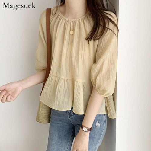 Plus Size Ruffled Summer Women Blouse Loose Korean Pleated Chiffon Shirts O Neck 2021 Sweet Short Sleeve Top Female Blusas 15455