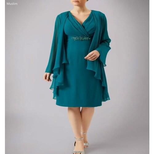 Elegant Teal Blue Mother Of The Bride Dresses Modern Knee Length Chiffon Long Sleeve Formal Wedding Guest Dress 2021 Evening
