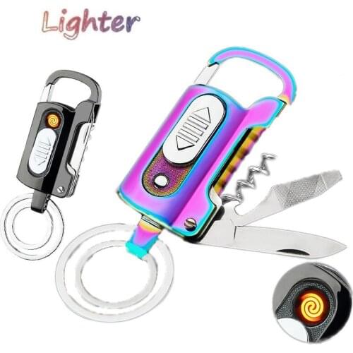 Electronic Lighter Keychain Wine Opener Knife Flashlight Slotted Screwdriver Multifunctional Metal Windproof Lighter Gadget