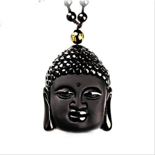 Fengshui Necklace Natural Obsidian Sakyamuni Buddha Head Pendant Luck Jewelry for Improving Health and Wealth W2127