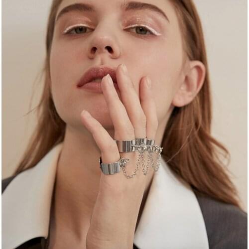 HuangTang Punk Geoemtric Chain Joint Ring for Women Minimalist Silver Color Adjustable Knuckle Ring Trendy Jewelry Gift 17453