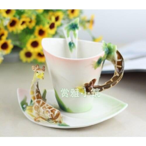 Colored Enamel Coffee Cup Suit European Fashion Giraffe Design Ceramic Mug Birthday Gift