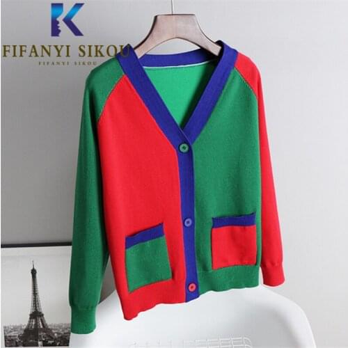 Fashion Patchwork Knitted Sweater Jacket Women 2021 New Pocket V-Neck Long Sleeve Cardigan Knit Coat Spring Loose Sweater Female
