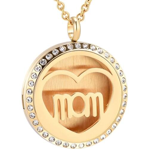 IJP0372 Stainless Steel Inlay Crystal Round MOM Aromatherapy Pendant Essential Oils Diffuser Perfume Free12 Pads Necklace