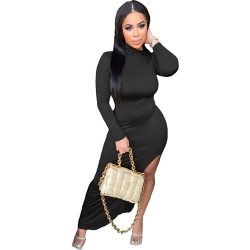 Womens Full Dress Solid Color High Neck Side Split Maxi Dress Fashion Evening Dress L51674