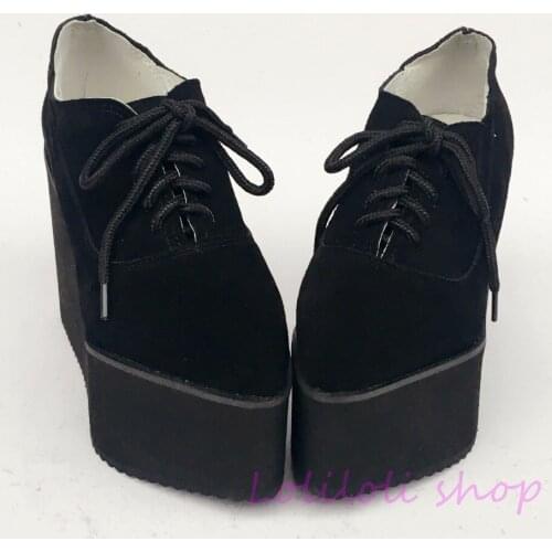 Princess sweet lolita shoes loliloli yoyo Japanese design custom black lace-up flock wedges genuine leather shoes 4174s