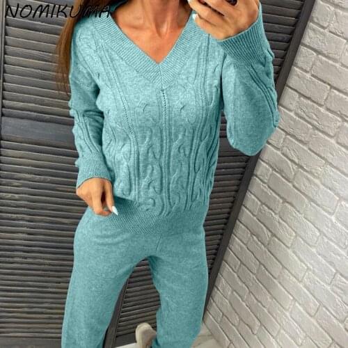 Nomikuma Knitted Pant Sets Twisted Pullover V-neck Long Sleeve Sweater + Knitting Long Pants 2021 New Two Pieces Suits 6Z947