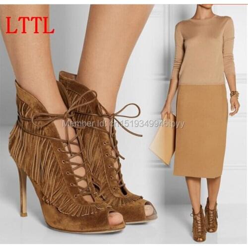 2016 Autumn Women Lace-up Ankle Fringe Boots Peep Toe High Heel Cut Out Women Tassel Shoes