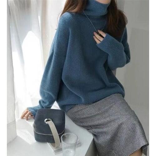Autumn and winter high-neck pullover cashmere sweater womens long-sleeved knitted pure 100% wool sweater keeps warm and comfort